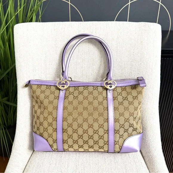 Authentic Gucci tote bag brown monogram canvas purple leather - Picture 1 of 16